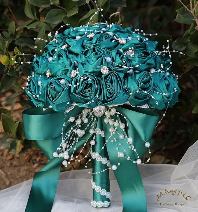 Bridal Wedding Bouquet Round Bling Brooch Bouquet Throw Toss Artificial Rose Flower Bunch for Bride Bridesmaid Wedding Quinceanera(Dark Green, 7.5")