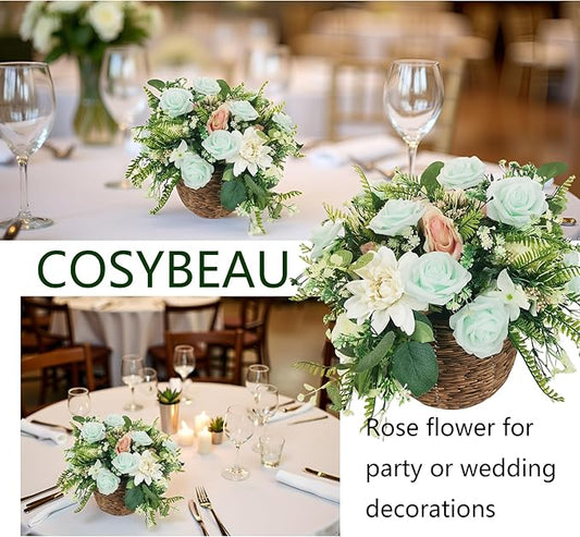 Artificial Fake Flowers 25pcs Roses, Light Green Foam Rose Faux Flower for DIY Wedding Bouquets Bridal Shower Centerpieces Floral Arrangements Party Table Home Decorations