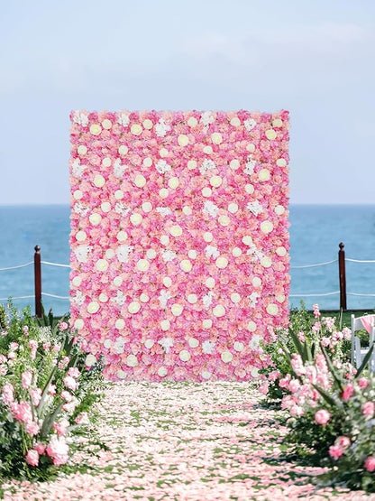 Rose Flower Wall Backdrop Panels 5ftx3.74ft Pink White Artificial Wedding Backdrop 3D Fake Floral Wall for Baby Shower Birthday Party Stage Photo Home Decor