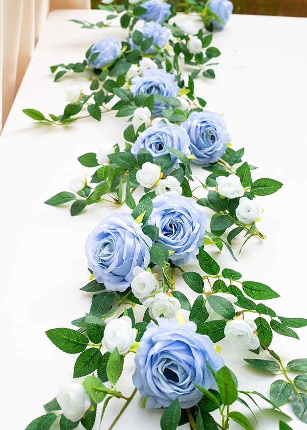 6FT Bendable Flower Garland, Artificial Rose Vine Hanging Floral Garland Decoration for Weding Home Room Wall Decor (Blue, 1pcs)