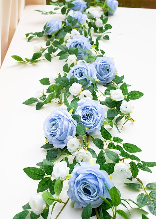 6FT Bendable Flower Garland, Artificial Rose Vine Hanging Floral Garland Decoration for Weding Home Room Wall Decor (Blue, 1pcs)