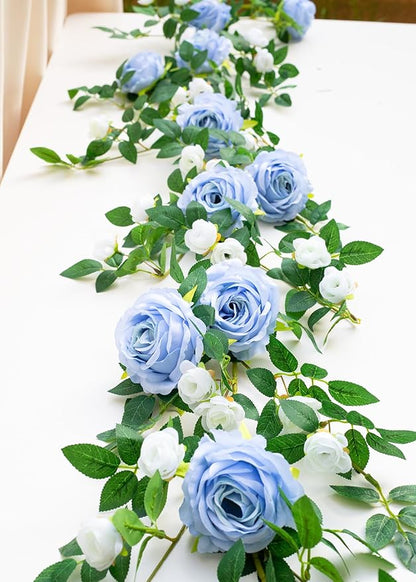 6FT Bendable Flower Garland, Artificial Rose Vine Hanging Floral Garland Decoration for Weding Home Room Wall Decor (Blue, 2pcs)