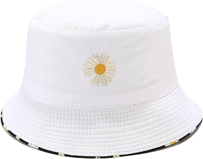 Flower Reversible Bucket Hat Cotton Summer Travel Beach Sun Hats Emboridery for Women Men