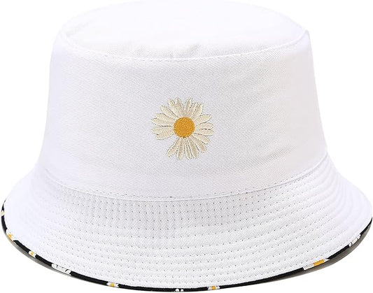 Flower Reversible Bucket Hat Cotton Summer Travel Beach Sun Hats Emboridery for Women Men
