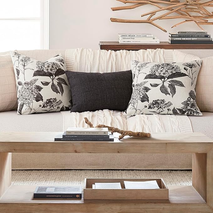Foindtower Set of 2 Linen Floral Vintage Throw Pillow Covers Neutral Accent Print Decorative Cushion Covers Farmhouse Boho Home Decor for Sofa Chair Couch Bedroom Living Room,18×18 Inch,Black