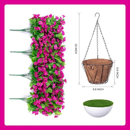 Artificial Faux Hanging Flowers Basket for Spring Summer Outdoor Porch Decoration, Fake Silk Colorful Morning Glory Eucalyptus in Planter UV Resistant for Home Balcony Yard(Red Purple)