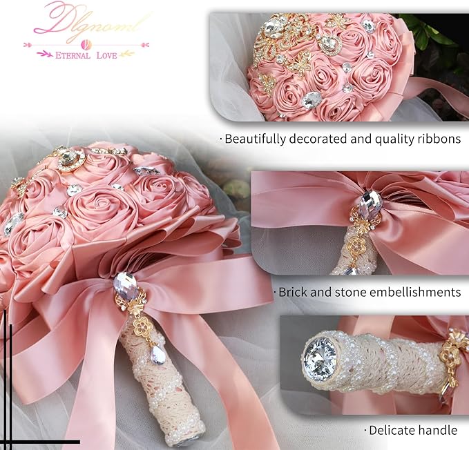 Artificial Everlasting Flower Hand Bouquet for Weddings and Photo Shoots, Crystal Peplum, Pink Rose Satin, Pearl Embellishments, Ribbon to Match, No Watering (Pink)