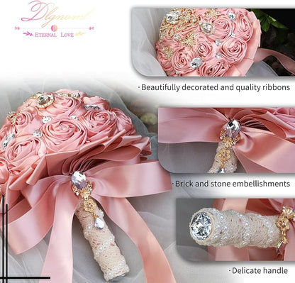Artificial Everlasting Flower Hand Bouquet for Weddings and Photo Shoots, Crystal Peplum, Pink Rose Satin, Pearl Embellishments, Ribbon to Match, No Watering (Pink)