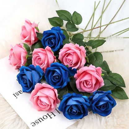 Hawesome Fake Roses Artificial Silk Flowers - 12 Pcs Blue Roses Artificial Faux Flowers with Stems for Home Wedding Centerpiece Hotel Office Decor