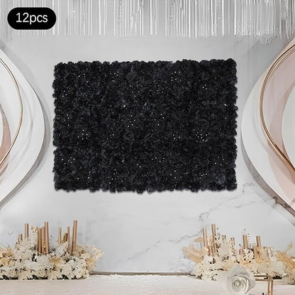 Black Flower Wall Panels, 12Pcs Artificial Roses & Hydrangeas Backdrop with Heavy Texture, Retro Floral Art for Wedding Party Home Decor