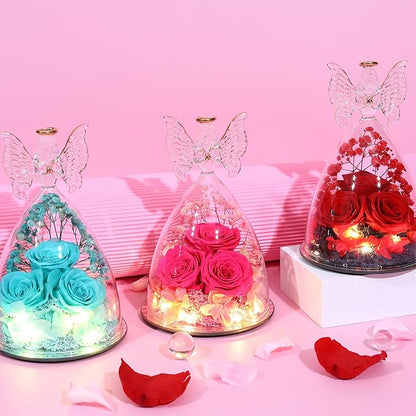 Mothers Day Mom Gifts for Women Preserved Flowers in Glass Angel Forever Flowers Gifts Eternal Roses Gifts for Grandma - Pink