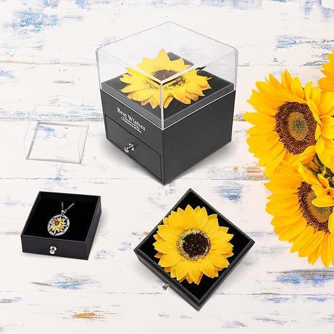 Sunflower Gifts for Women Artificial Sunflowers Gift for Her Mom Wife with Necklace in 100 Texts I Love You on Mother's Day Birthday Sunflower Decor
