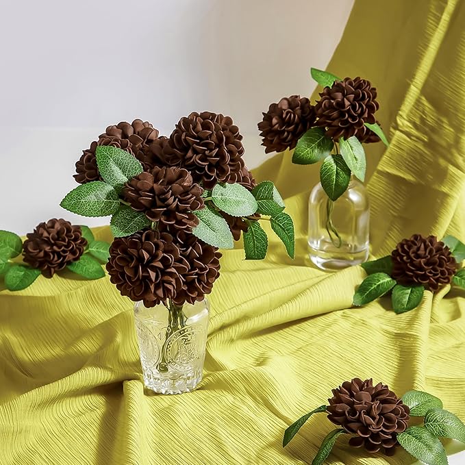 Artificial Flowers, 100pcs Artificial Rose for DIY Bouquets Arrangement, Brown Dahlia Flowers Foam Fake with Stems for Wedding Shower Party Floral Arrangements Tables Home Decorations