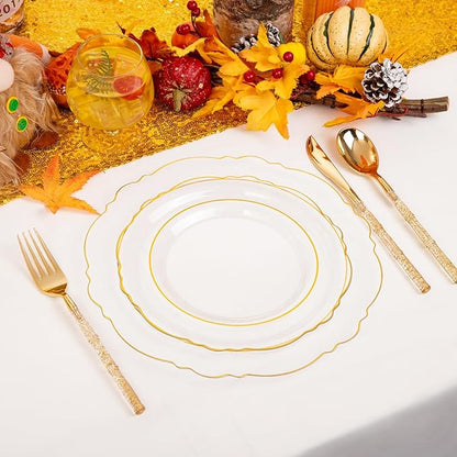 Liacere 150PCS Clear Gold Plastic Plates - Disposable Plastic Silverware with Glitter Bamboo Handle Cutlery-Baroque Clear Gold Disposable Plates for Wedding & Party & Thanksgiving &Fall Decor
