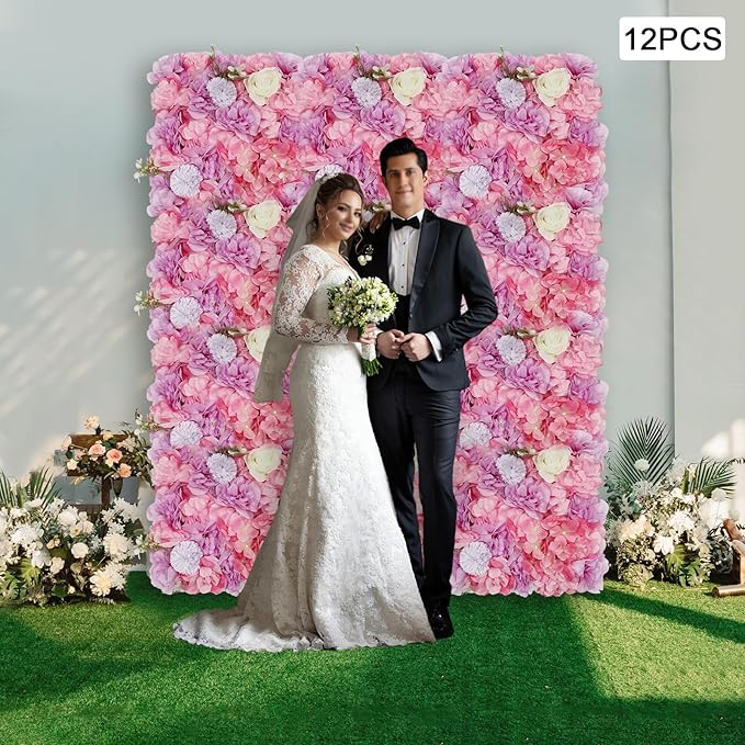 12Pcs Artificial Flower Wall Panel,3D 15" X 15" Silk Rose Mat Artificial Flower Wall,Decorative Backdrop Flower Panels Wall for Wedding Party Stage Baby Shower Decor (White,Pink,Purple)
