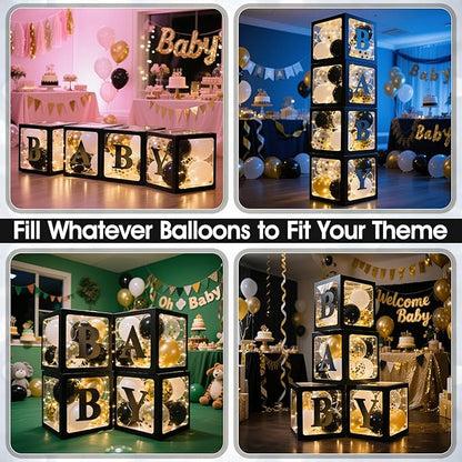 Ledido Baby Boxes with Letters for Baby Shower Decoration, 4 pcs Clear Balloon Boxes Blocks with LED Fairy String Lights 38 Balloons for Boy Girl Gender Reveal Birthday Party (Black)