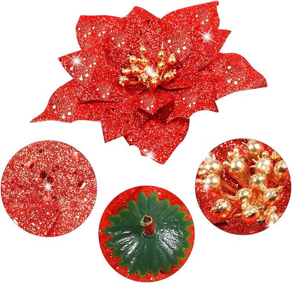 Boao 24 Pieces Glitter Poinsettia Artificial Christmas Flowers Poinsettia Decorations Wedding Christmas Tree Ornaments, 3/4/6 Inches (Red)
