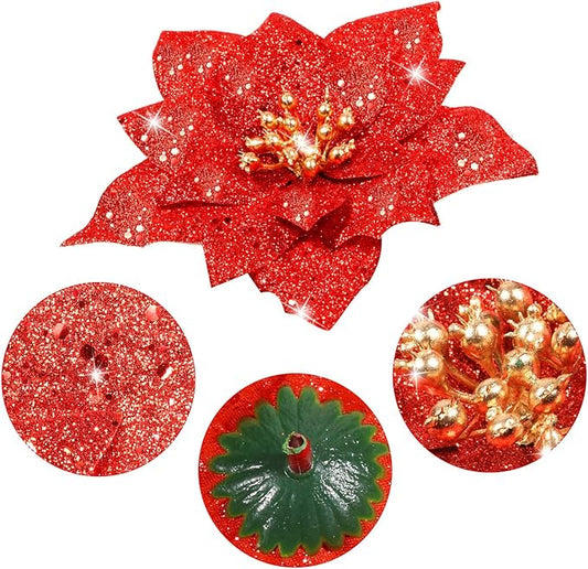 Boao 24 Pieces Glitter Poinsettia Artificial Christmas Flowers Poinsettia Decorations Wedding Christmas Tree Ornaments, 3/4/6 Inches (Red)