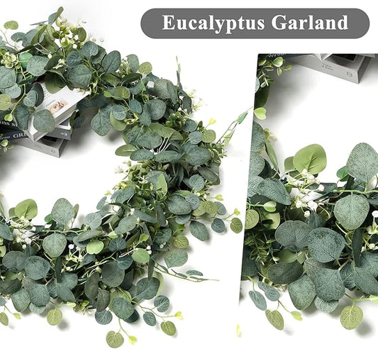 TOCHGREEN 2 PCS Artificial Eucalyptus Garland 5.9FT Faux Silver Dollar Greenery Garland Vines with White Flower Boxwood Fake Hanging Plants for Wedding Home Party Table Mantle Wall Decor