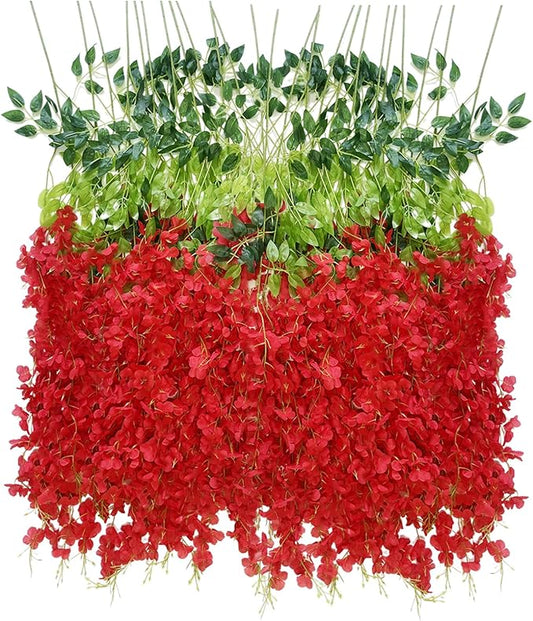 Artificial Wisteria Hanging Flowers Fake Wisteria Flower Garland Silk Vines Rattan Decor for Home Wedding Arch Wall Garden Greenery Bedroom Outdoor Office Party Decoration (12, Red)