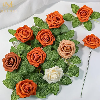 Meldel Artificial Flowers 50pcs Real Looking Orange Foam Fake Roses with Stems for DIY Wedding Bouquets Bridal Shower Centerpieces Floral Arrangements Home Decorations Bulk Rose