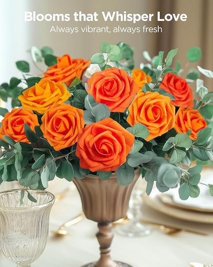 InnoGear Artificial Flowers, 100 Pcs Shades of Orange Rose Foam Fake Roses Bulk with Stems for Autumn Fall Decoration DIY Wedding Bouquets Centerpieces Bridal Shower Party Christmas Tree