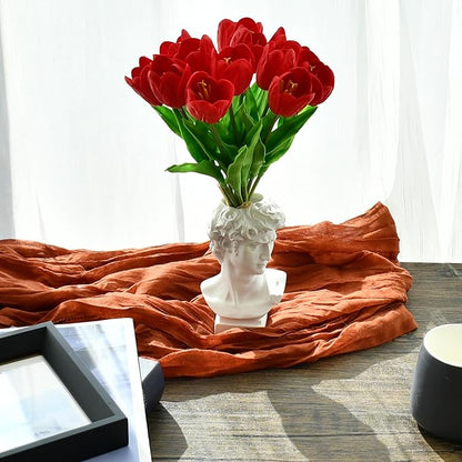 Mandy's Artificial Tulips 12 Stems Red Partially Open PU Faux Flowers for Wedding Home Decor 13.5 Inch