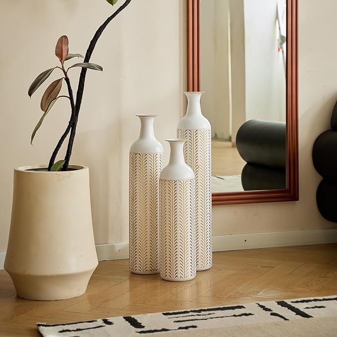 Floor Oversized Gold Metal Decorative Vase with 3D Triangle Pattern Set of 3 Large Vases for Home Living Room 33.5 ", 29.5 ", 25.2" High (Vintage White)
