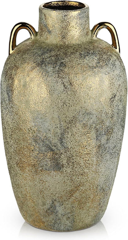 Large Ceramic Vase, 13.7" Tall Rustic Farmhouse Vase, Vintage Flower Vase with 2 Ears, Electroplated Terracotta Rustic Vases for Home, Living Room, Shelf, Mantel, Entryway, Wedding, Table Centerpiece