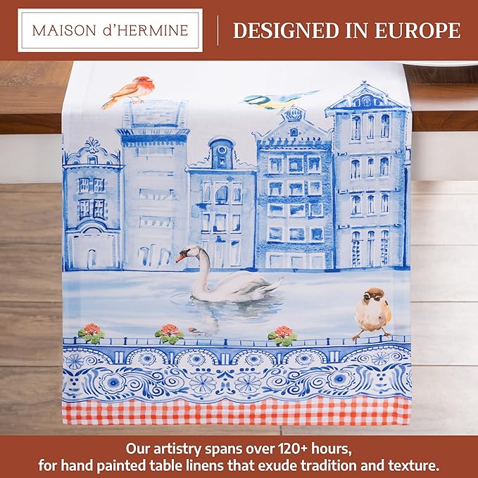 Maison d'Hermine Table runner 100% Cotton Double Layer Table Runners 72 inches long Decorative for Home Kitchen Dining Party Baby Shower Wedding Bridal Shower SpringSummer(Amsterdam Canals,14.50"x72")