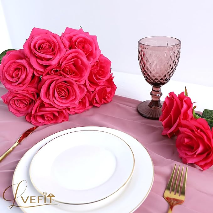 30pcs Artificial Rose Flower Hot Pink Rose Flower with Long Stem Silk Roses Bouquet for Wedding Bridal Shower Party Home Decoration
