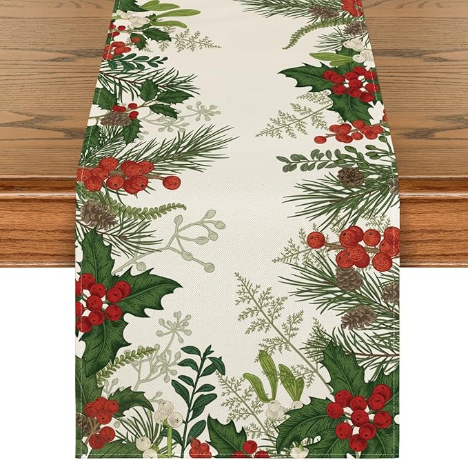 Artoid Mode Holly Pine Cone Christmas Table Runner, Seasonal Winter Kitchen Dining Table Decoration for Home Party Decor 13x72 Inch