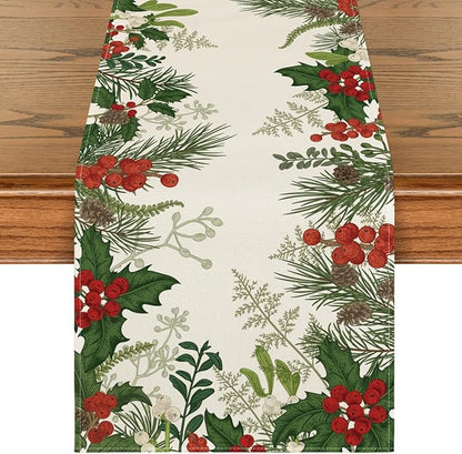 Artoid Mode Holly Pine Cone Christmas Table Runner, Seasonal Winter Kitchen Dining Table Decoration for Home Party Decor 13x72 Inch