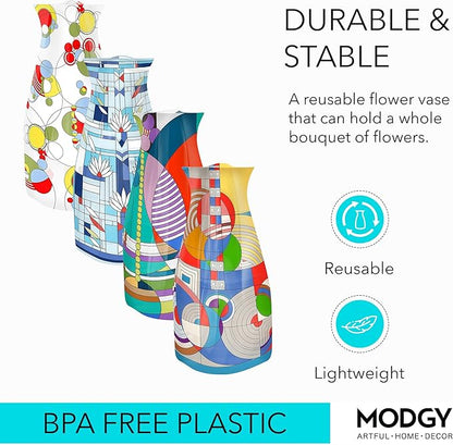 MODGY Expandable Flower Vase Set, Plastic Decorative Modern Foldable Printed Vases for Centerpieces for Wedding, Dining Table, Home Decor, Living Room, Bathroom, Office, Frank Lloyd Wright, 4 Pack