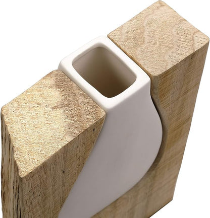 Excello Global Products Matte White Glass and Wood Vase - Rustic Flower Vase Decorative Centerpieces for Dining Room Table Coffee Tables Vintage Farmhouse Decor (Short - 8" x 6")