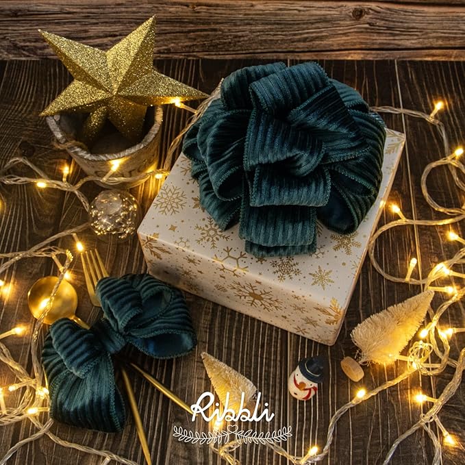 Ribbli Glossy Teal Green Velvet Wired Ribbon 2.5 Inch Striped Velvet Christmas Ribbon for Gift Wrapping Christmas Tree Decoration Crafts Wreaths Supplies-Continuous 10 Yards