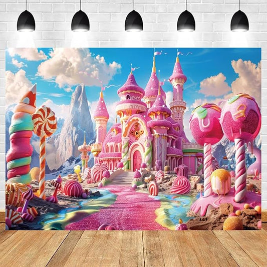 15x10ft Pink Fantasy Castle Backdrop Candy Land Sweet Candy House Photography Background Baby Shower Sweet Girl Princess Birthday Banner Decorations Kids Artistic Portrait Photo Booth Prop