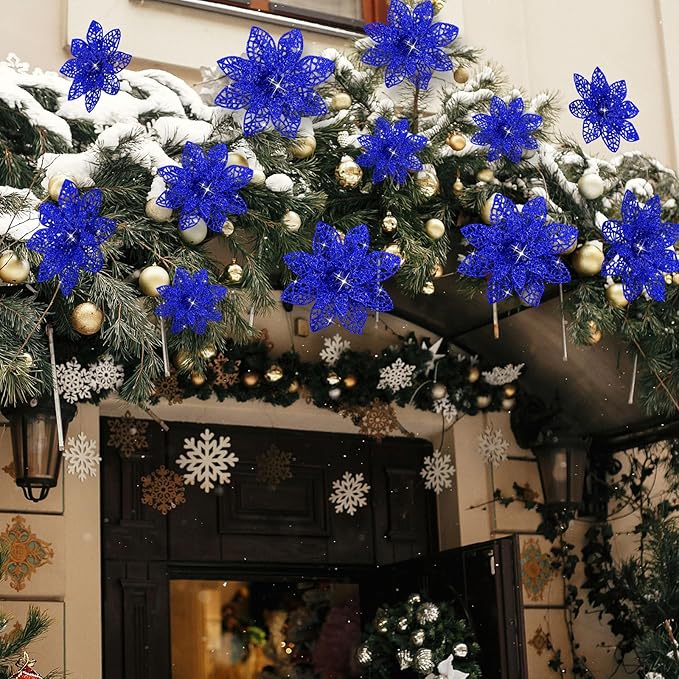 Boao Cobalt Blue 24 Pieces Poinsettia Flower Christmas Glitter Artificial Poinsettia with Clips Christmas Tree Ornament Decorations for DIY Xmas Wreath Holiday Home Party Decor, 3/4/6 Inches