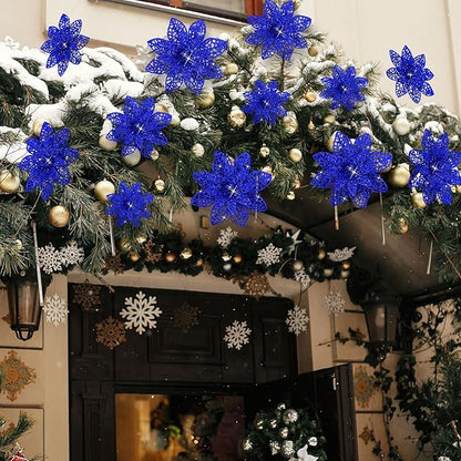 Boao Cobalt Blue 24 Pieces Poinsettia Flower Christmas Glitter Artificial Poinsettia with Clips Christmas Tree Ornament Decorations for DIY Xmas Wreath Holiday Home Party Decor, 3/4/6 Inches