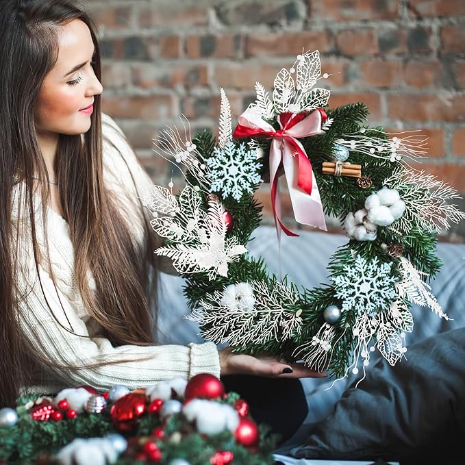 30 Pcs Artificial Christmas Tree Picks and Sprays Glitter Berry Stem Branches Holly Floral Picks Twigs Christmas Tree Ornaments for DIY Xmas Wreath Vase Filler Decorations(White)
