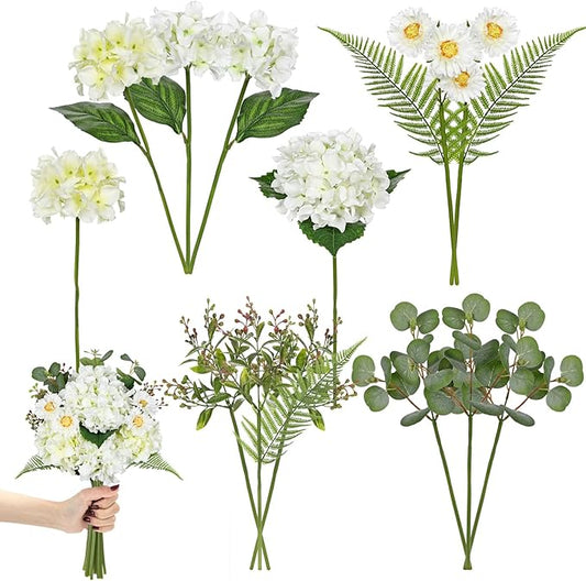 Hydrangea artificial Flowers 12PCS White Faux Flowers Fake Hydrangea Daisies Silk Arrangements Long Stems Realistic Fake Flowers for Vase Floral Centerpiece Wedding Bridal Bouquet Party Home Decor