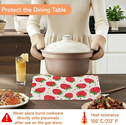 Cute Strawberry Placemat Set of 6,Heat Resistant Linen Table Mats for Indoor Outdoor Home Kitchen Dining Room Table 12x18Inch