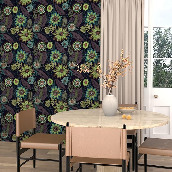 Vintage Boho Wallpaper Peel and Stick, Dark Purple/Green Gothic Floral Contact Paper 17.5" x 399.7", Retro Flower Bohemia Wall Paper Self Adhesive Removable Waterproof for Shelves Cabinet Table Drawer