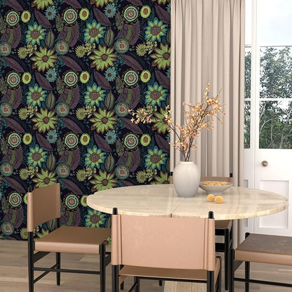 Vintage Boho Wallpaper Peel and Stick, Dark Purple/Green Gothic Floral Contact Paper 17.5" x 399.7", Retro Flower Bohemia Wall Paper Self Adhesive Removable Waterproof for Shelves Cabinet Table Drawer