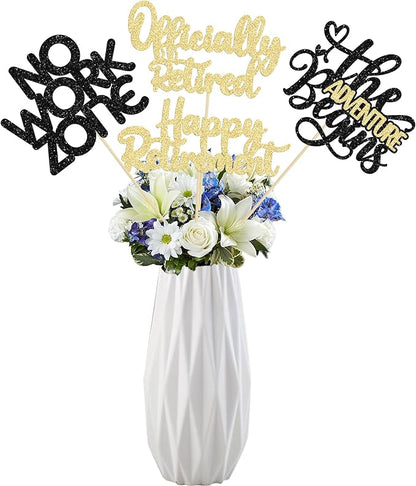 Ephlyn 16Pcs Happy Retirement Centerpiece Sticks Officially Retired Table Flower Centerpieces Sticks No Work Zone Floral Decorations for Farewell Birthday Party Centerpieces Supplies Black Gold