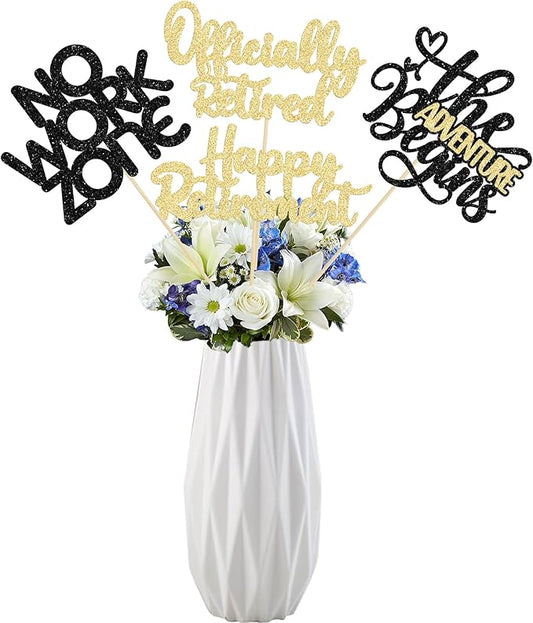 Ephlyn 16Pcs Happy Retirement Centerpiece Sticks Officially Retired Table Flower Centerpieces Sticks No Work Zone Floral Decorations for Farewell Birthday Party Centerpieces Supplies Black Gold