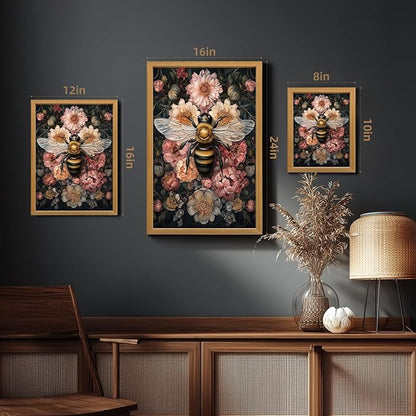 LLEEMPI William Morris Wall Art, Vintage Bee Floral Wall Decor, Insect Flower Canvas Painting, Abstract Nature Botanical Poster Print for Living Room Bedroom Kid Room Hallway Wood Framed 12x16 inch
