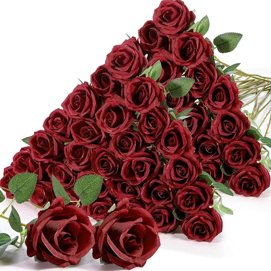 Jexine 60 PCS Artificial Roses Bulk Silk Flowers with Long Stems, Realistic Faux Rose Bouquet for Wedding Centerpieces, Valentine’s Party, Home Decor(Burgundy)