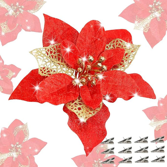 24 Pcs Christmas Poinsettia Flowers Artificial with Clips, 5.9" Christmas Decor Glitter Poinsettia Flowers for Christmas Tree New Year Wedding Party Wreath DIY Garland Decor (Red)
