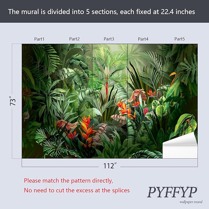 PYFFYP- Tropical Jungle wallppaper Green Leaf Jungle Wall murals for Bedroom(Not Peel and Stick)